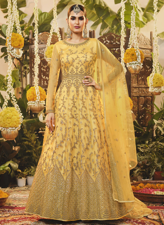 Yellow Net Embroidered Designer Ready Made Anarkali Suit