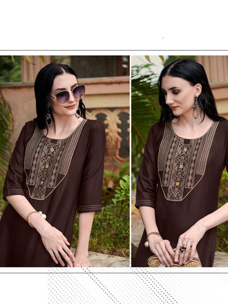 Coffee Brown Cotton Embroidered Kurti