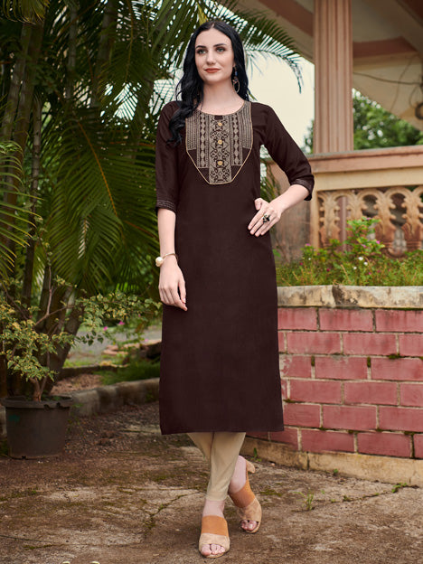 Coffee Brown Cotton Embroidered Kurti