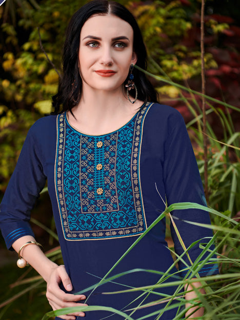 Navy Blue Cotton Embroidered Kurti