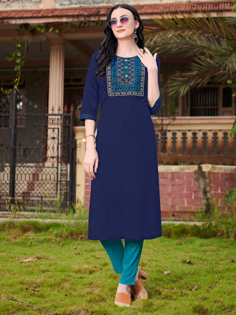 Navy Blue Cotton Embroidered Kurti