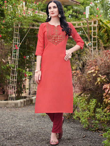 Salmon Pink Cotton Embroidered Kurti