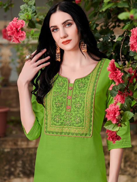 Parrot Green Cotton Embroidered Kurti