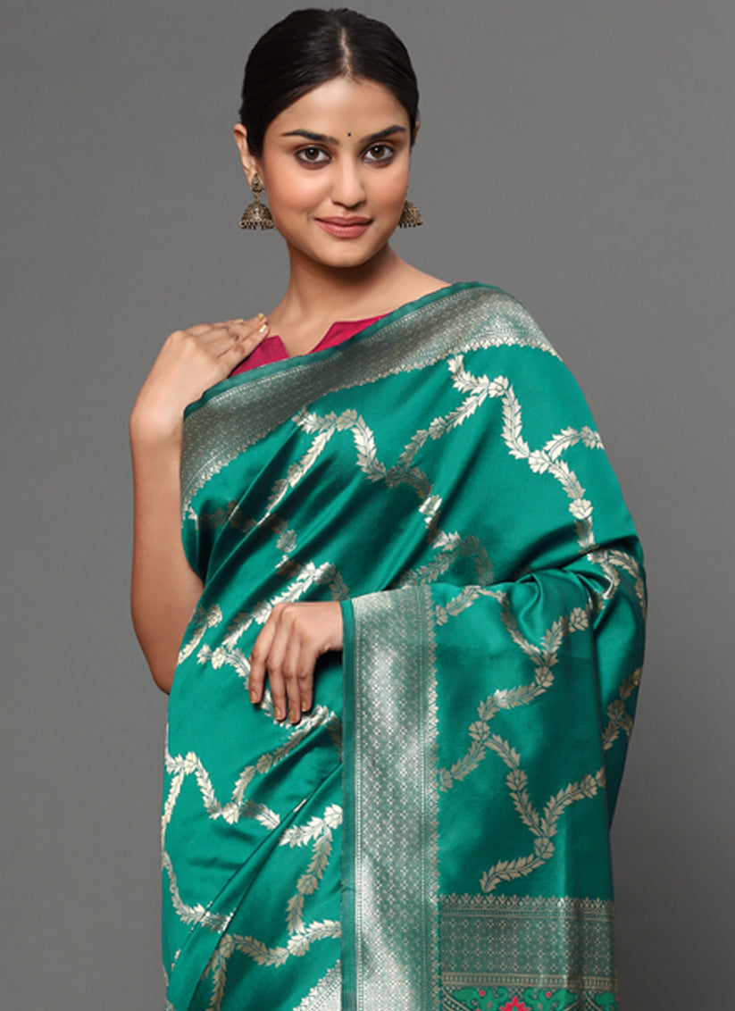 Teal Green Banarasi Silk Zari Weaving Saree