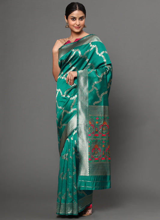 Teal Green Banarasi Silk Zari Weaving Saree