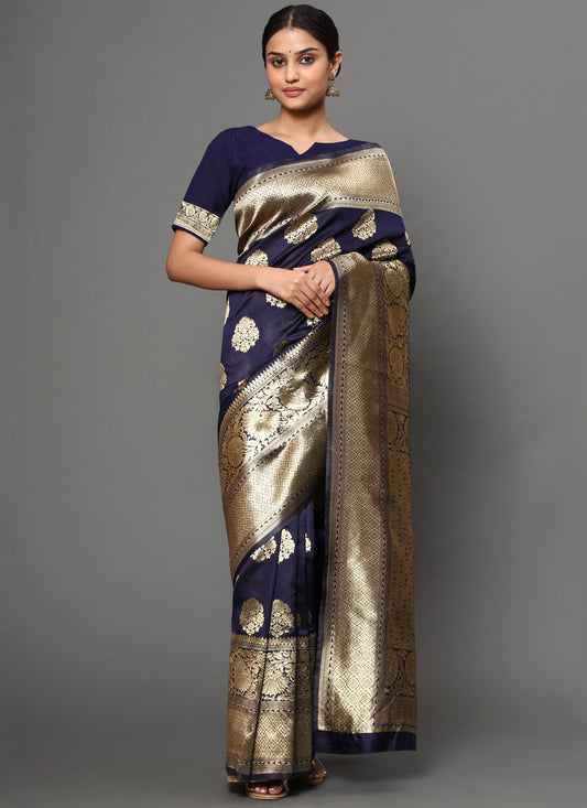 Navy Blue Banarasi Silk Zari Weaving Saree