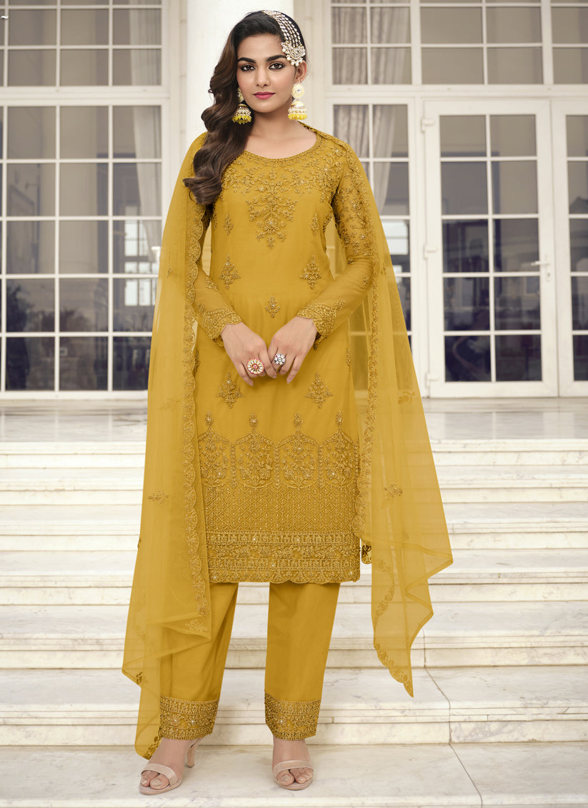 Mustard Yellow Net Designer Readymade Salwar Suit