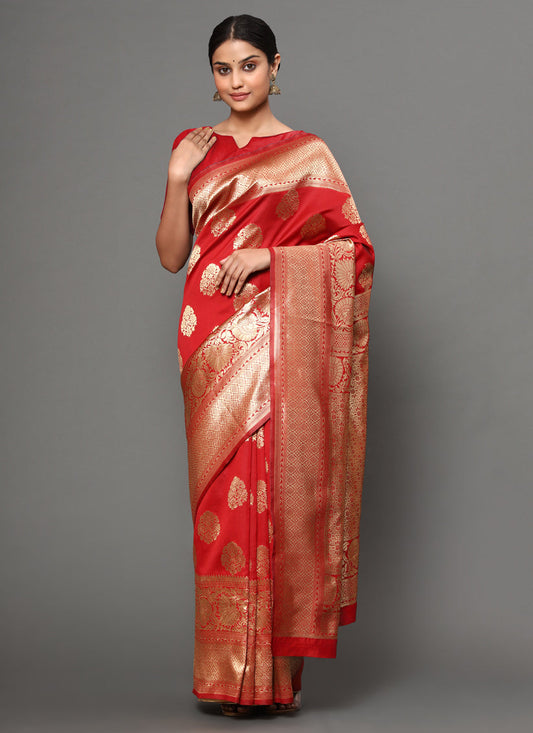 Hot Red Banarasi Silk Zari Weaving Saree