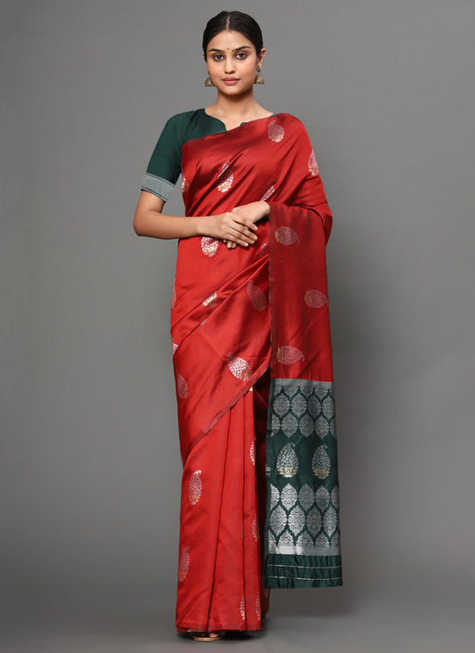 Hot Red Banarasi Silk Zari Weaving Saree