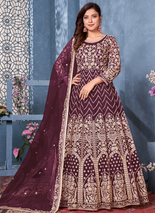 Burgundy Net Embroidered Wedding Ready Made Anarkali Dress