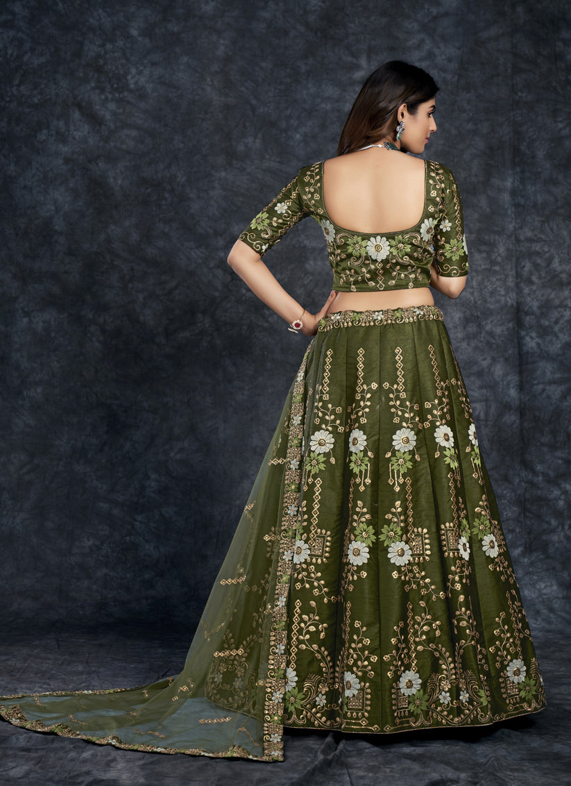 Mehendi Green Silk Embroidered Designer Lehenga Choli