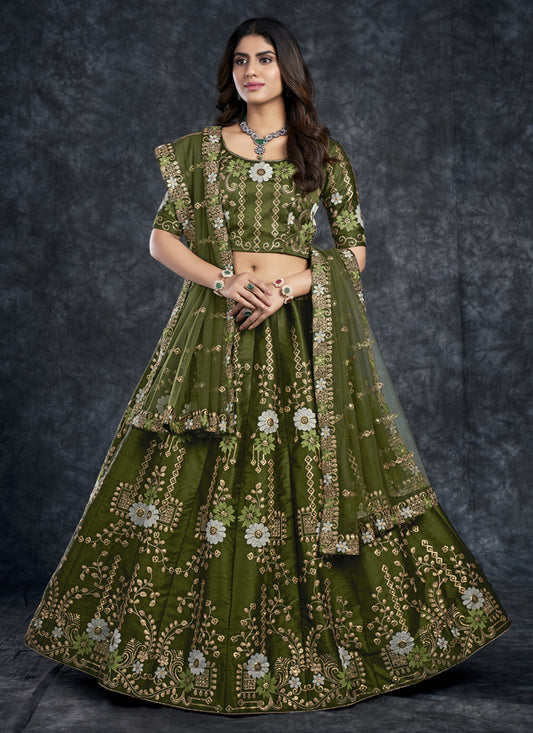 Mehendi Green Silk Embroidered Designer Lehenga Choli
