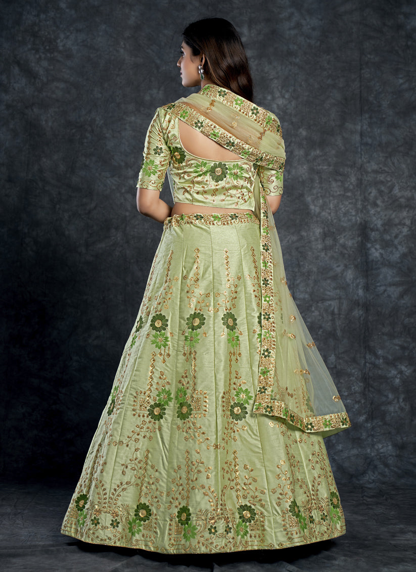 Pistachio Green Silk Embroidered Designer Lehenga Choli