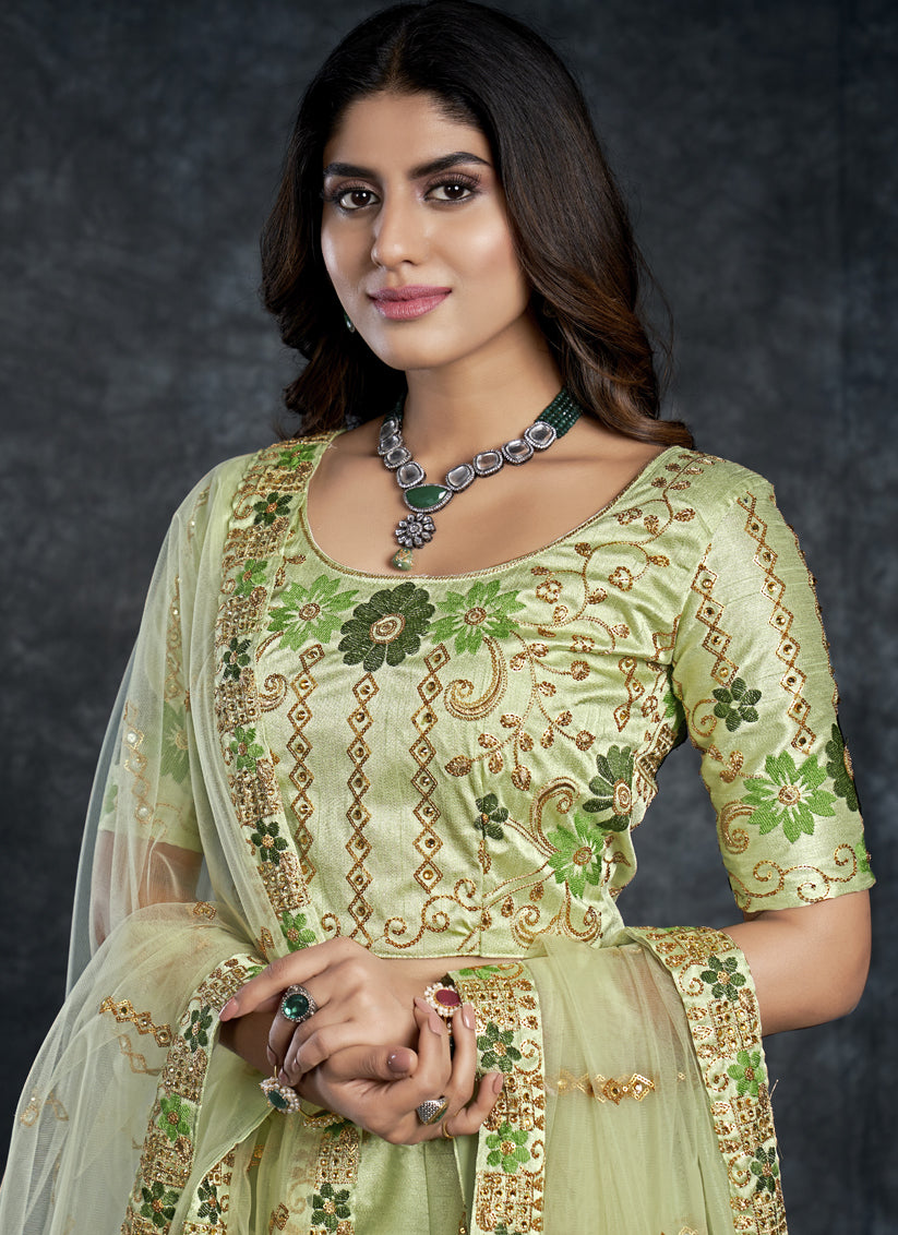 Pistachio Green Silk Embroidered Designer Lehenga Choli