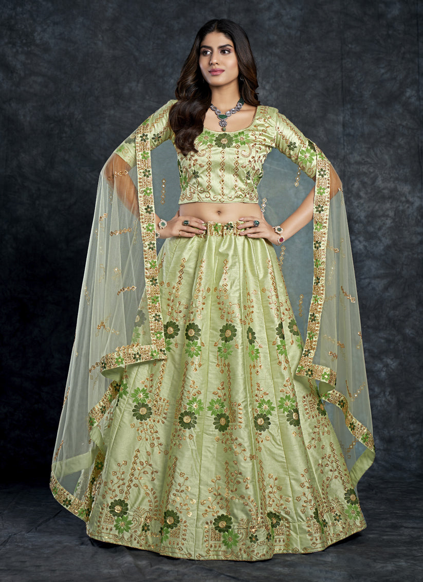 Pistachio Green Silk Embroidered Designer Lehenga Choli