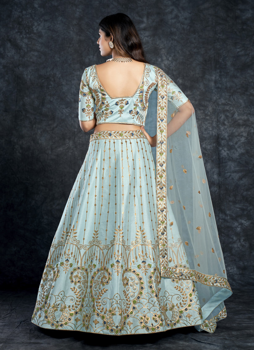 Breeze Blue Silk Embroidered Designer Lehenga Choli