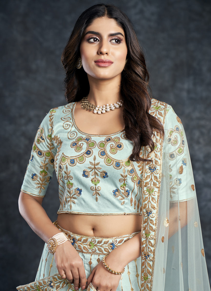 Breeze Blue Silk Embroidered Designer Lehenga Choli