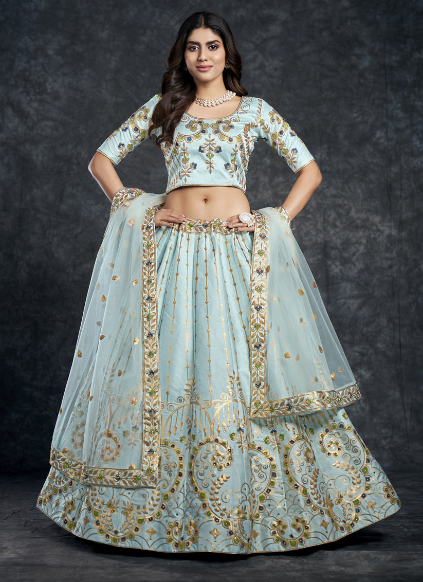 Breeze Blue Silk Embroidered Designer Lehenga Choli