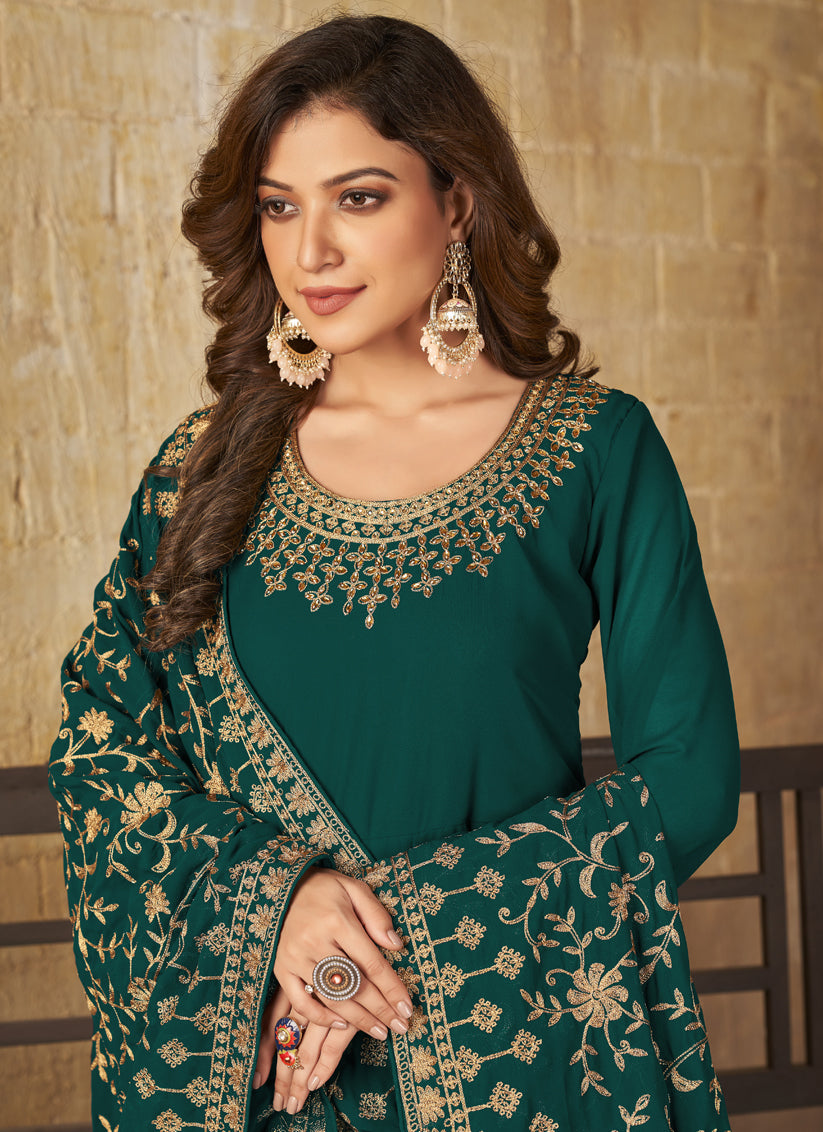 Pine Green Faux Georgette Embroidered Anarkali Suit