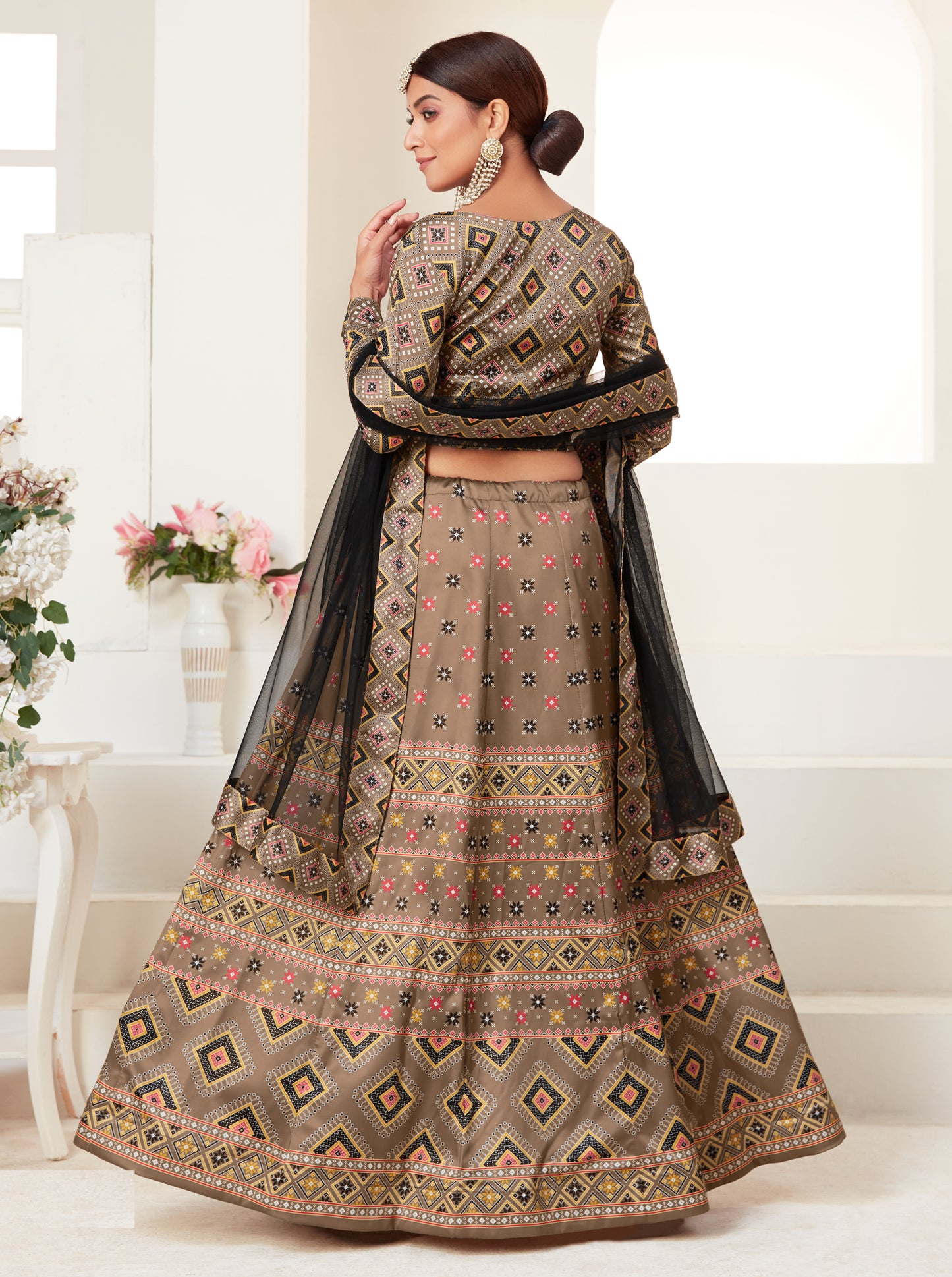 Dusty Beige Ajmeri silk Digital Printed Lehenga Choli