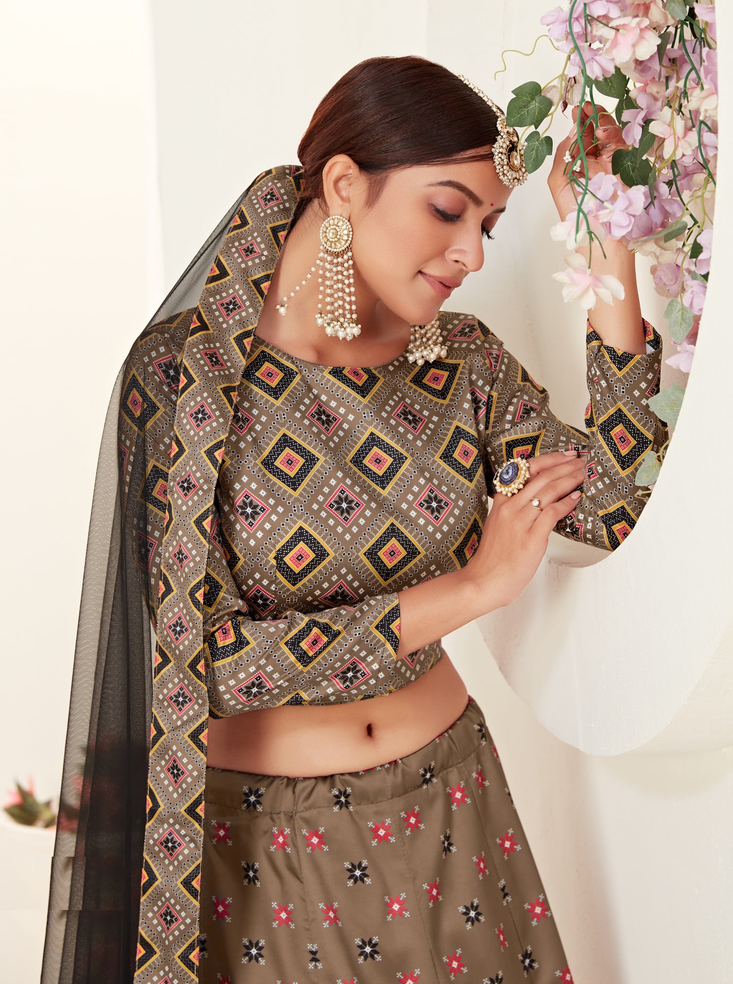 Dusty Beige Ajmeri silk Digital Printed Lehenga Choli