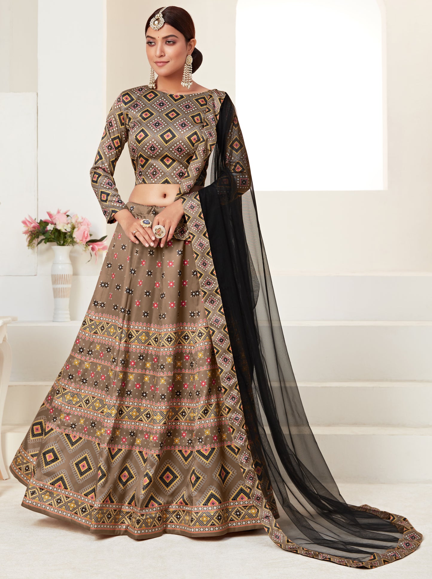 Dusty Beige Ajmeri silk Digital Printed Lehenga Choli