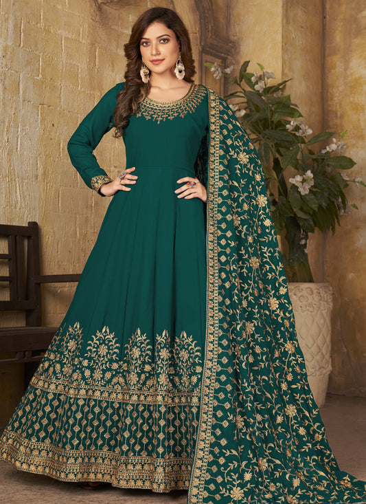 Pine Green Faux Georgette Embroidered Anarkali Suit