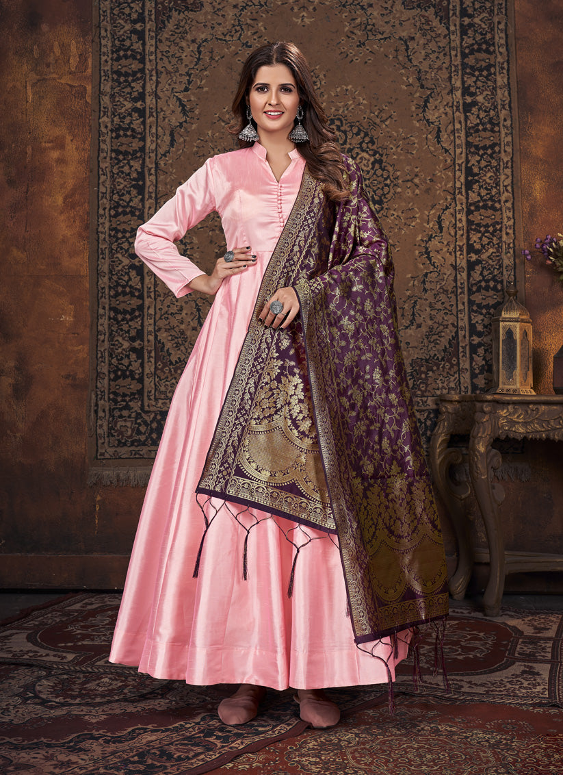 Rose Pink Art Silk Readymade Anarkali Suit