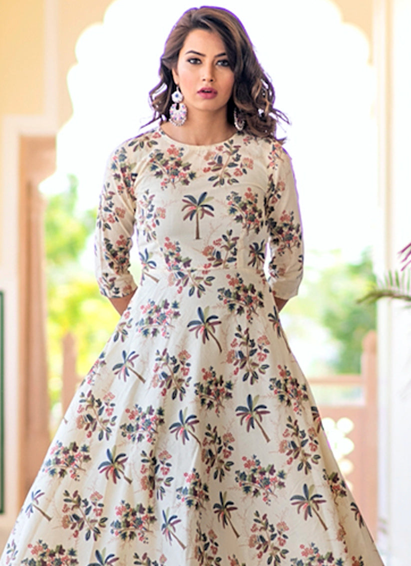 Cream Pure Muslin Printed Ready Made Gown