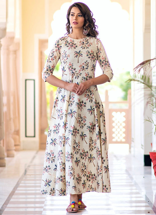 Cream Pure Muslin Printed Ready Made Gown