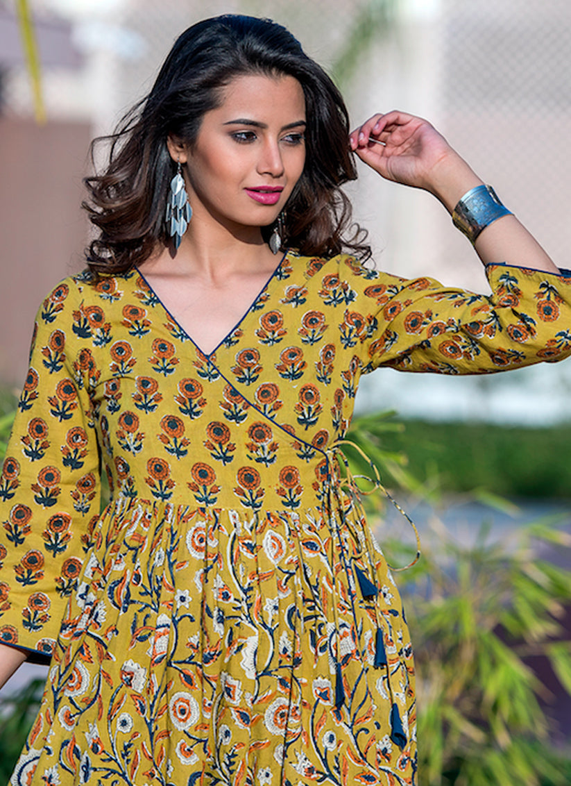 Mustard Pure Muslin Printed Ready Made Gown