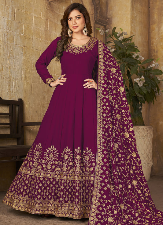 Wine Faux Georgette Embroidered Anarkali Suit