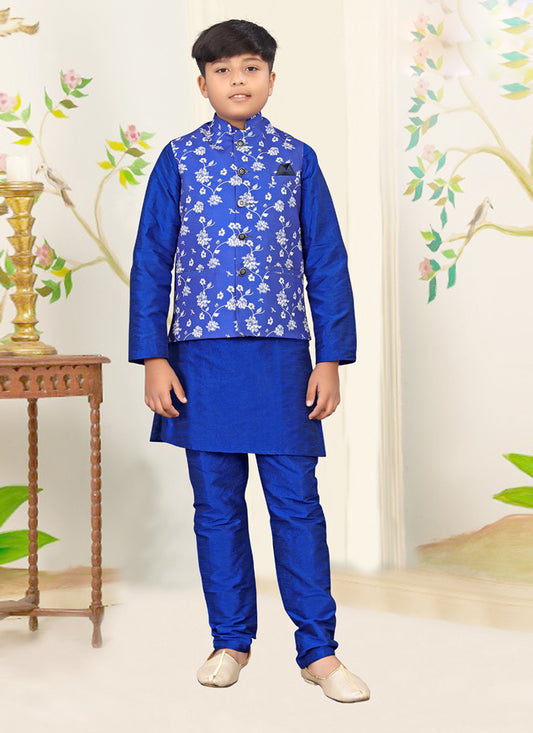Royal Blue Silk Printed Kurta Set with Jacket