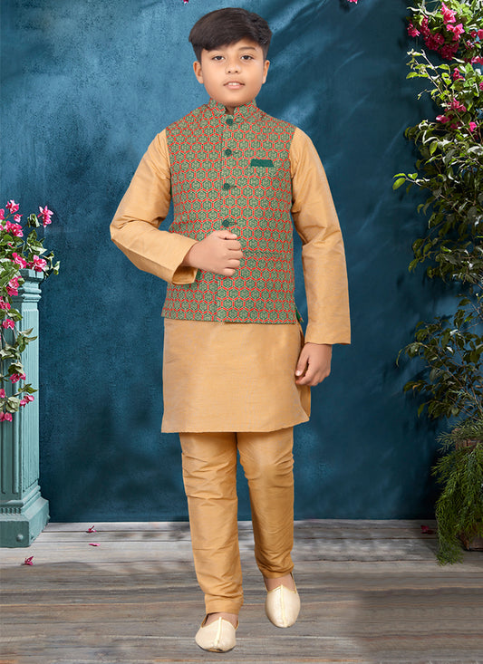 Khaki Silk Printed Kurta Set with Jacket
