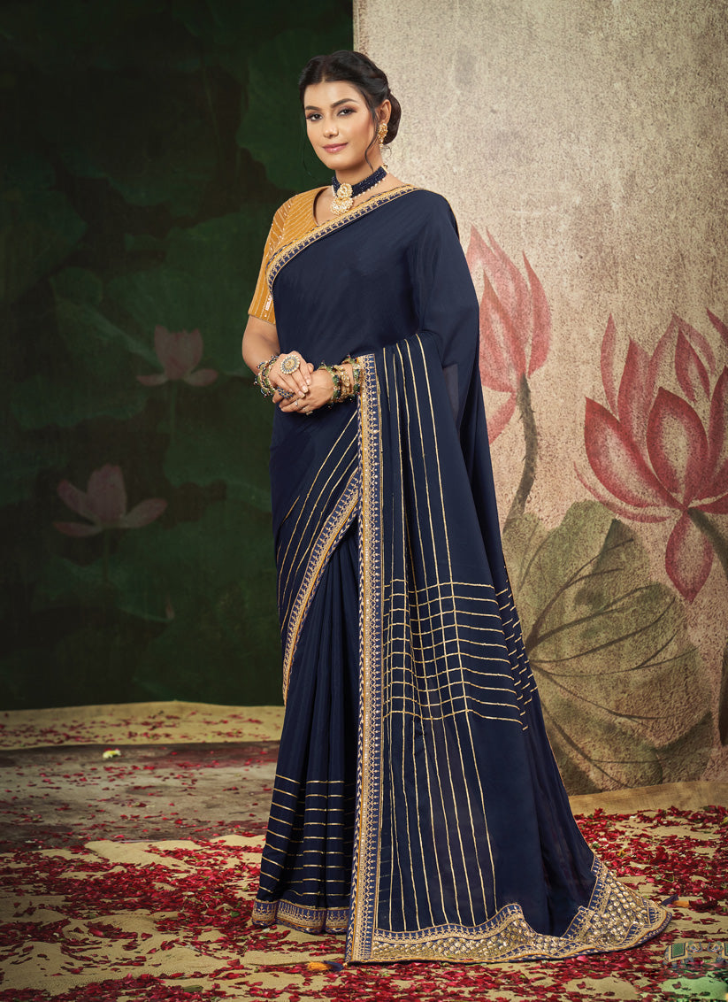 Midnight Blue Crepe Silk Designer Saree