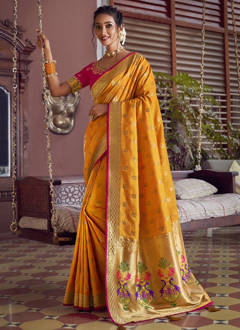 Mustard Yellow Silk Paithani Pallu and Swarovski Work Saree with Double Blouse