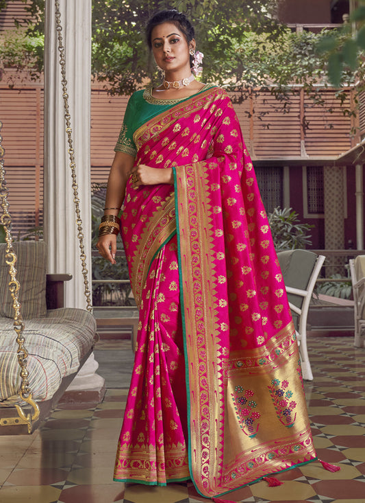 Rani Pink Silk Paithani Pallu and Swarovski Work Saree with Double Blouse