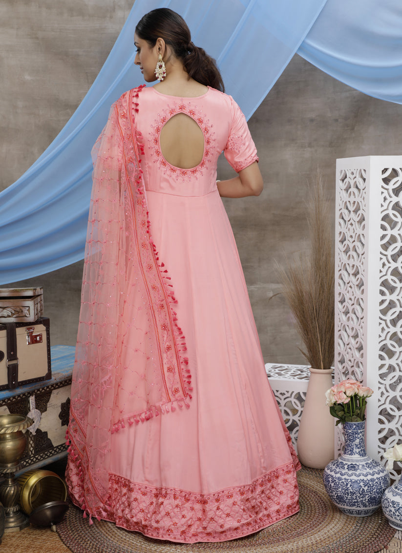 Carnation Pink Silk Embroidered Designer Anarkali Suit