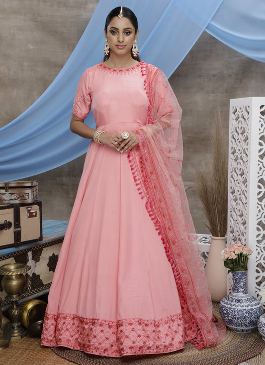 Carnation Pink Silk Embroidered Designer Anarkali Suit