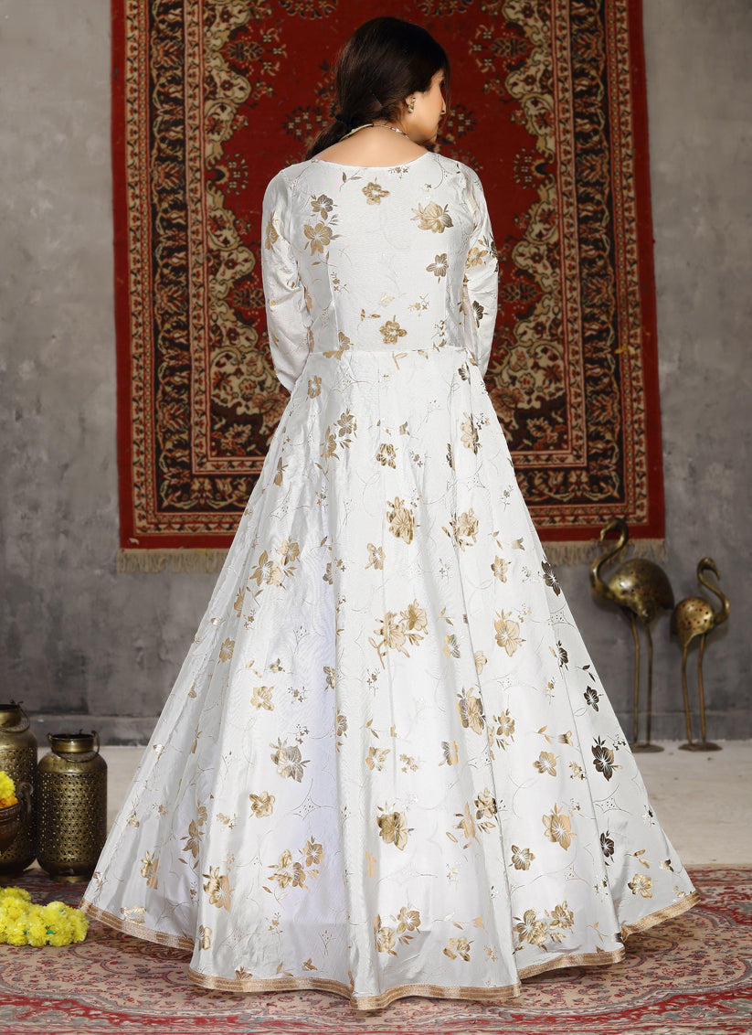 White Taffeta Silk Foil Gown