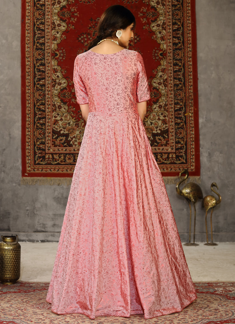 Coral Pink Taffeta Silk Foil Gown