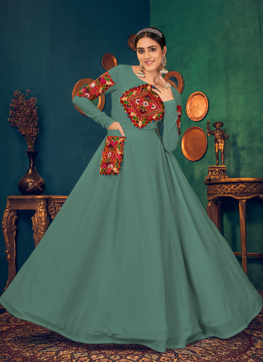 Teal Grey Georgette Party Wear Gown