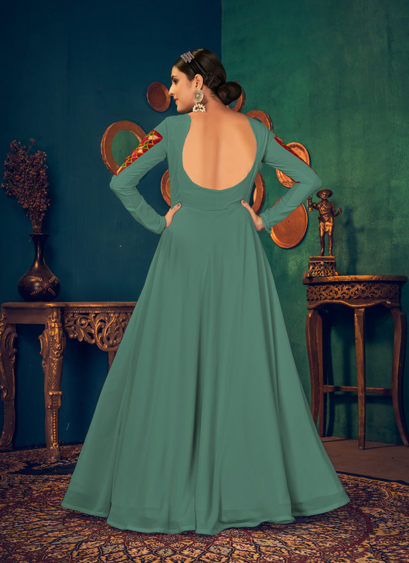 Teal Grey Georgette Party Wear Gown