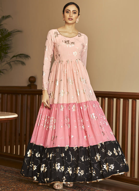 Peach and Pink Georgette Anarkali Long Gown