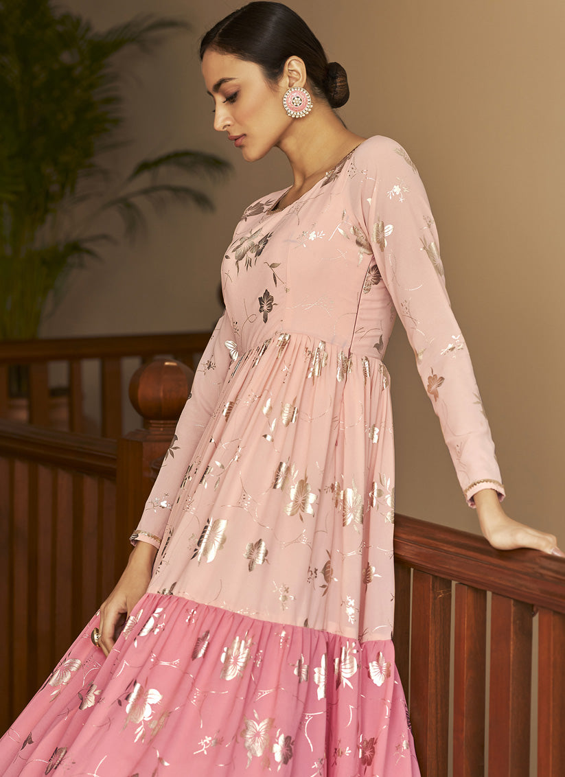 Peach and Pink Georgette Anarkali Long Gown