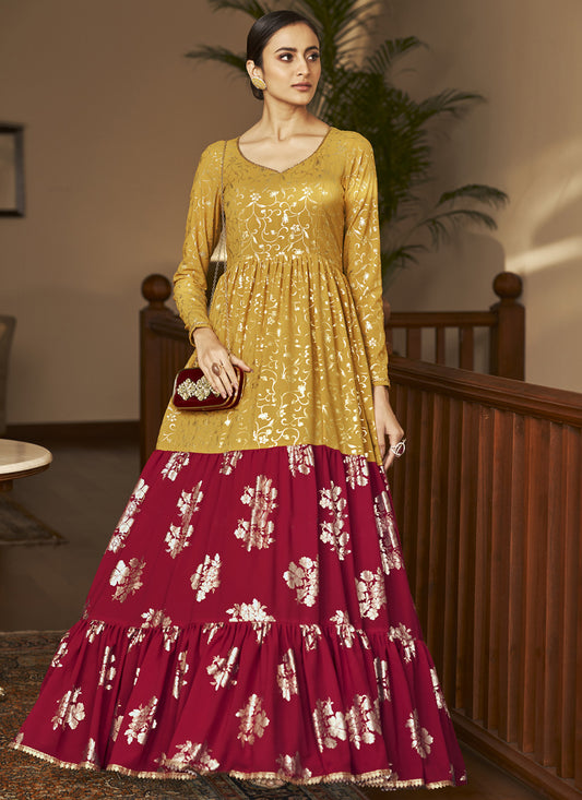 Mustard Yellow and Rani Pink Georgette Anarkali Long Gown