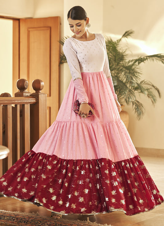 White and Pink Georgette Anarkali Long Gown