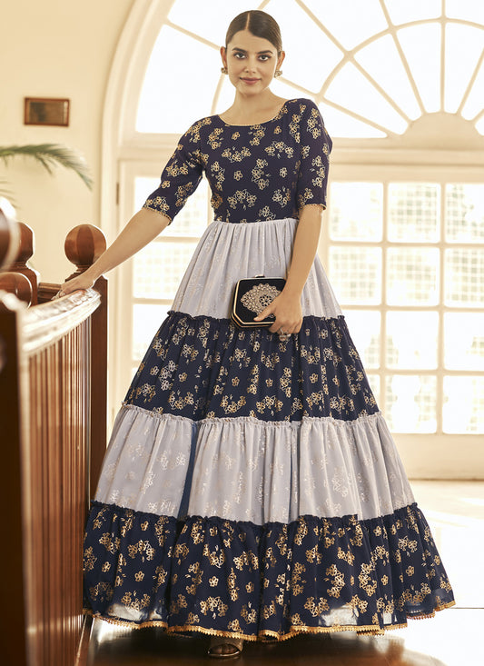 Navy Blue and Grey Georgette Anarkali Long Gown