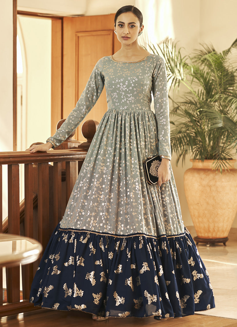 Pista Green and Blue Georgette Anarkali Long Gown