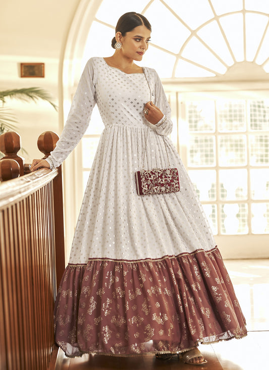 White and Rust Georgette Anarkali Long Gown